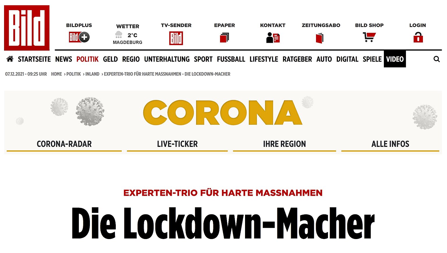  – Überschrift des Artikels "Die Lockdown-Macher" auf bild.de. Screenshot: DJV