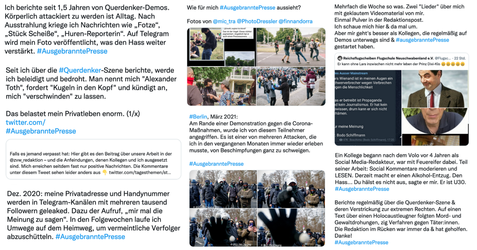  – Einige Tweets zu #AusgebranntePresse. Zum Schutz der Journalistinnen und Journalisten anonymisiert. Screenshots: DJV.