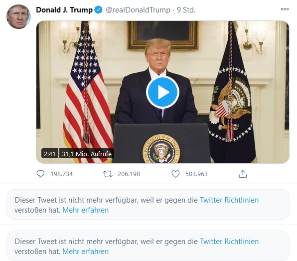  – Trumps Twitterprofil am 8.1.2021 mit gelöschten Tweets und einem Video nach Aufhebung der Sperre. Screenshot: Twitter.com