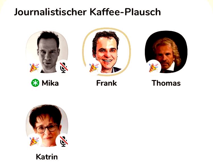  – DJV-Aktive und Thomas Gottschalk beim Kaffee-Plausch. Screenshot: Clubhouse