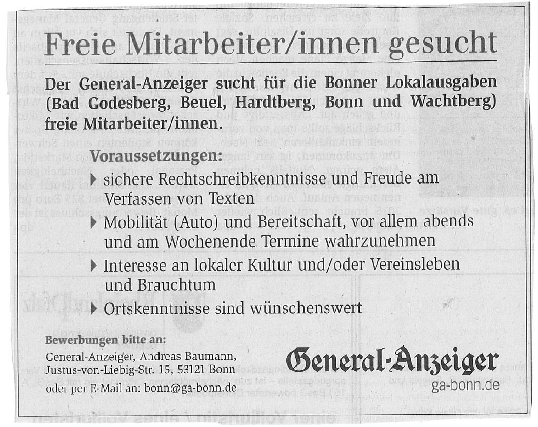 Anzeige des Bonner Generalanzeigers: Freie Mitarbeiter/innen gesucht – 