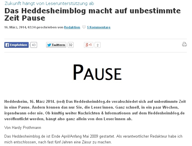 Screenshot der Startseite des Heddesheimblogs, auf dem die Pause des Blogs angekündigt wird. – 
