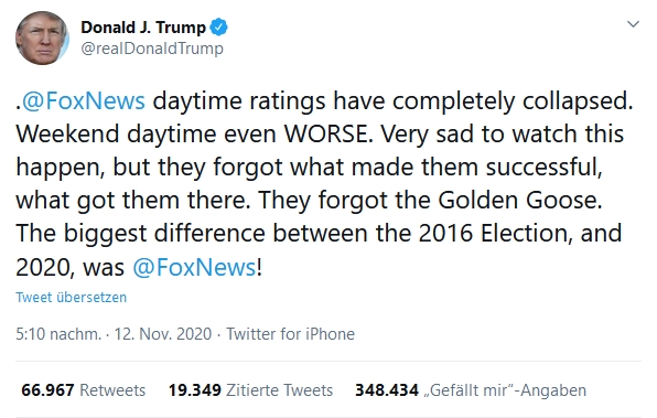  – Trump wettert auf Twitter gegen Fox News. Screenshot: twitter.com