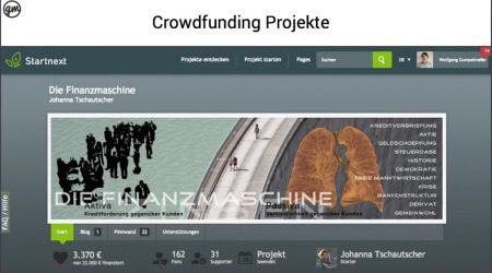 Das Bild zeigt einen Ausschnitt aus der Präsentation des Referats von Wolfgang Gumpelmaier zum Thema Crowdfunding, zu sehen ist die Projektseite für den Film Die Finanzmaschine – 