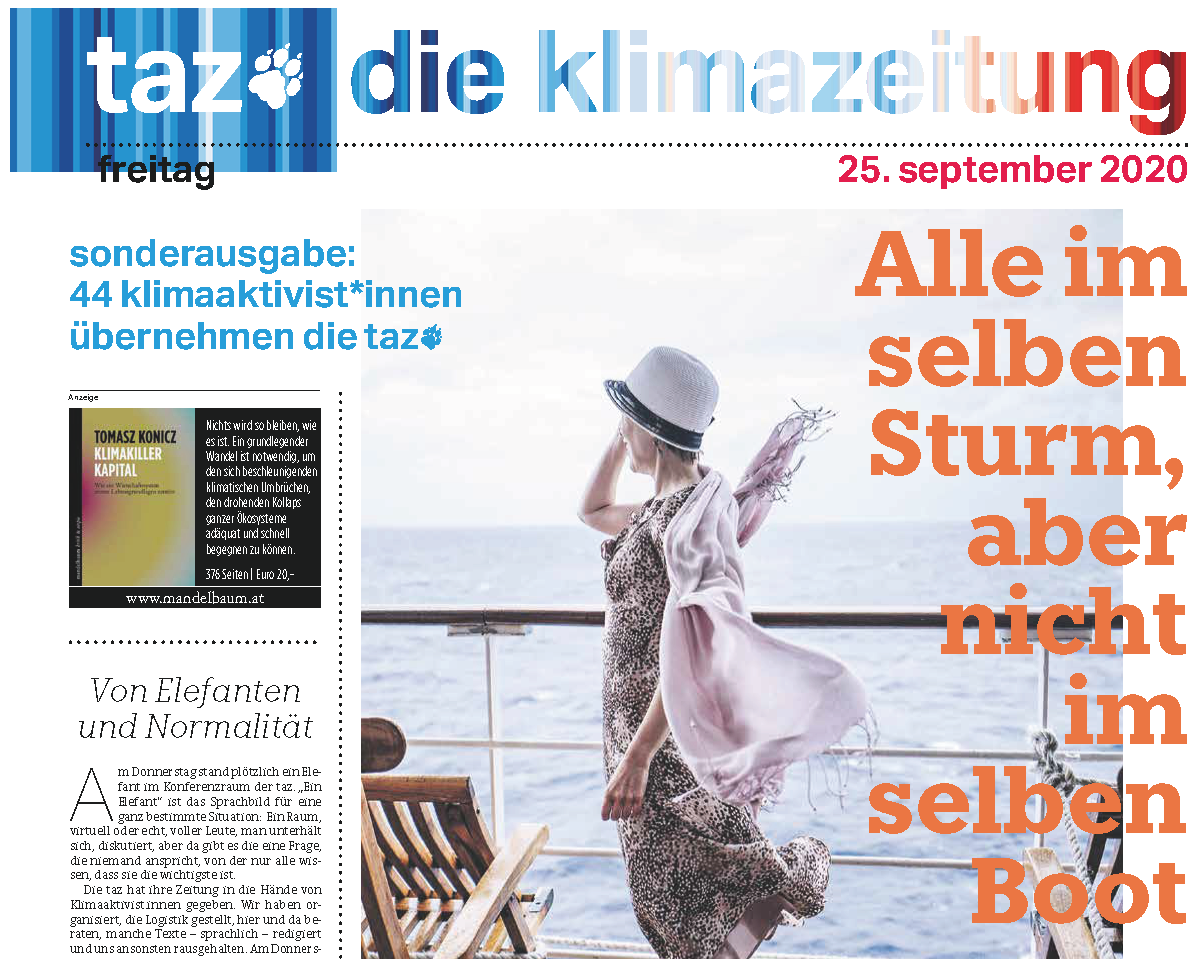  – Sonderausgabe "taz die klimazeitung", Seite 1 (25.9.2020). Bild: taz