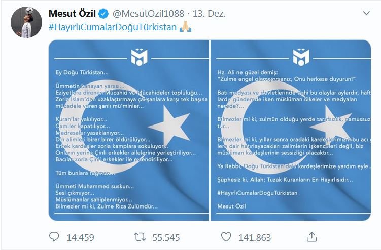  – In seinem Tweet nutzte Özil das Symbol der Unabhängigkeitsbewegung der Uiguren. (foto: Screenshot twitter.com/MesutOzil1088)